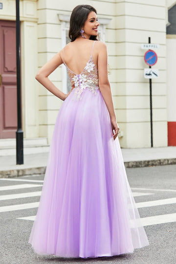 Gorgeous A Line Spaghetti Straps Lilac Long Ball Dress with Appliques